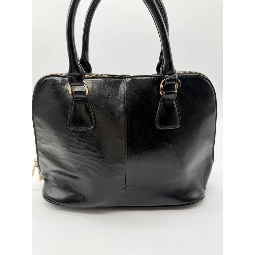 Harve Benard VTG Black Faux Leather Dome Satchel Handbag Gold Hardware High Shin